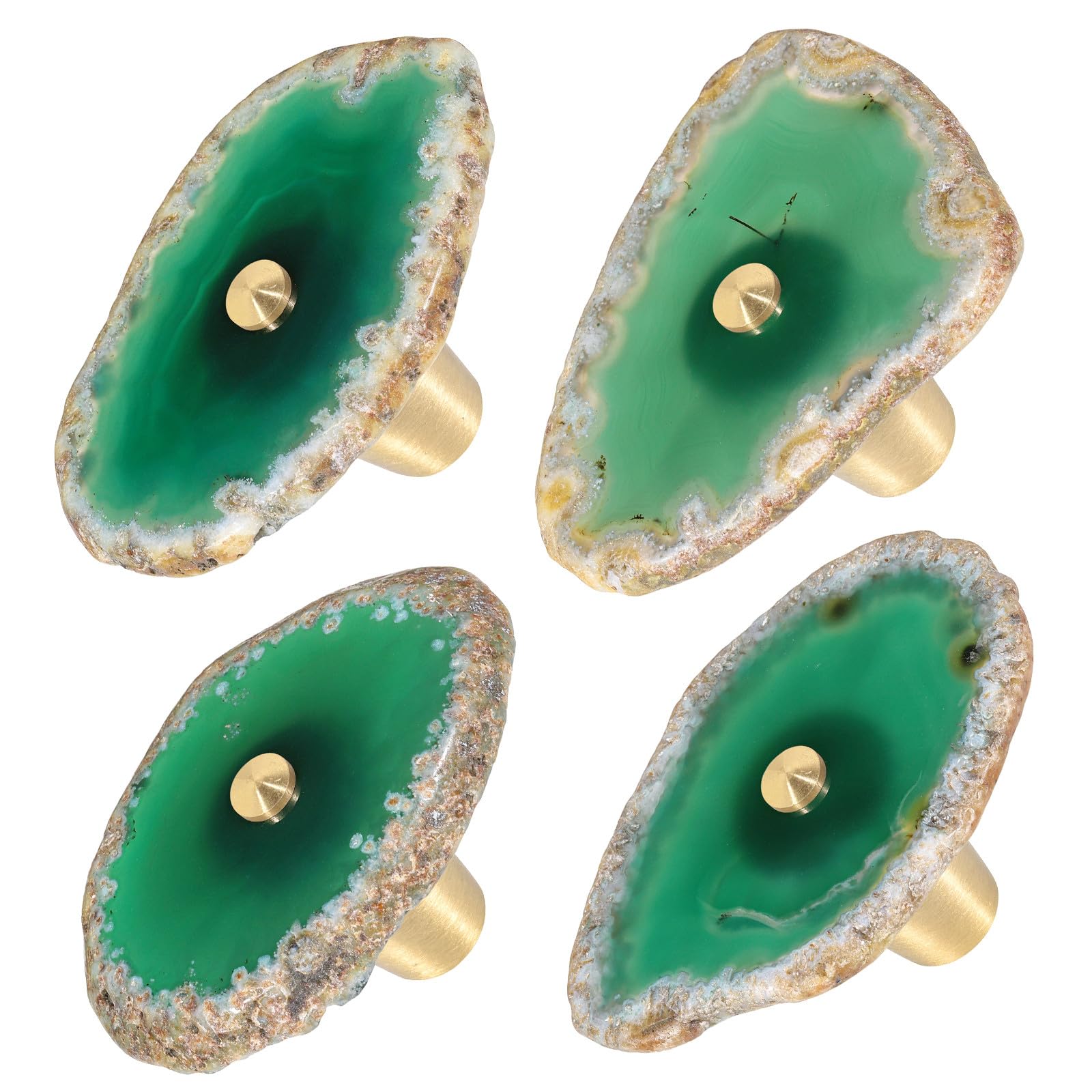Mookaitedecor Set of 4 Green Agate Crystal Drawer Knobs with Screws, Irregular Green Crystal Stone Handles Pulls for Cupboard Cabinet Wardrobe Kitchen Unique Decorative Furniture Brass Knobs