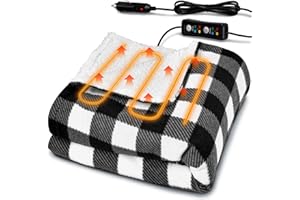 NICECASTLE 12V Car Heated Blanket 59"x39"Portable Heated Blanket for Travel with 4 Heating 4 Timing Settings Soft and Comfortable for Car SUV Camping（Black&White）