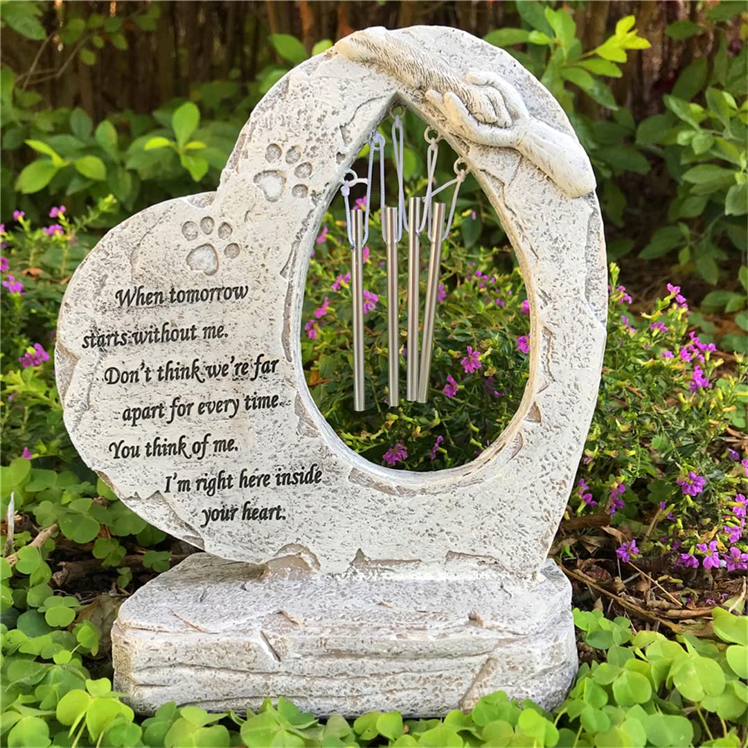 jinhuoba Heart Shaped Dog Pet Memorial Stones with Wind Chimes, Paw Prints Loss of Headstones Grave Markers for Pet Dog Memorial Gifts for Garden Backyard Patio or Lawn