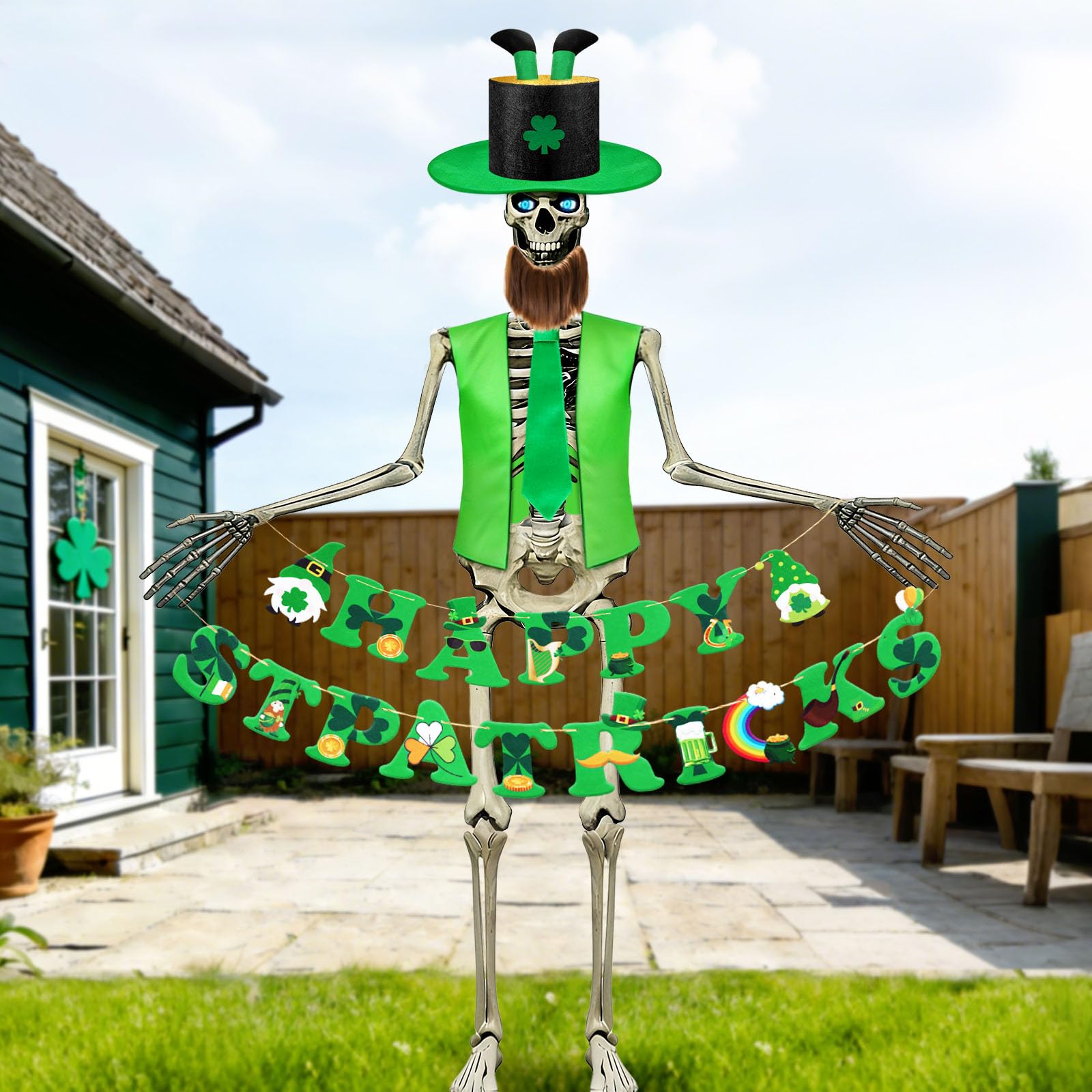 Photo 1 of 12 FT Skeleton St Patricks Day Outfit, 12ft Skeleton Costume Accessories Including 3D Leprechaun Hat with Golden Top, Vest, Beard , Tie, Banner, Garden Lawn St Patrick's Day Indoor Outdoor Decor