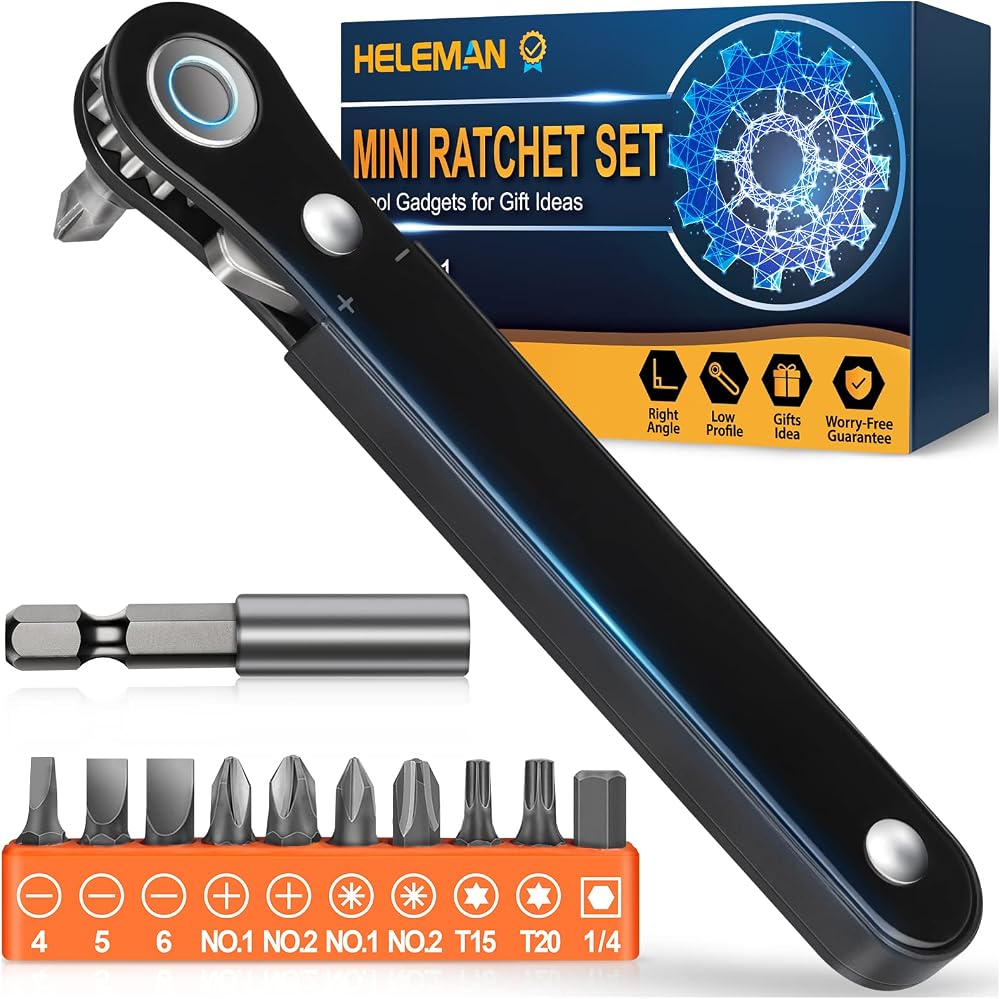 HELEMAN Mini Ratchet Angled Screwdriver Set for Tight Spaces - Tools for Dad