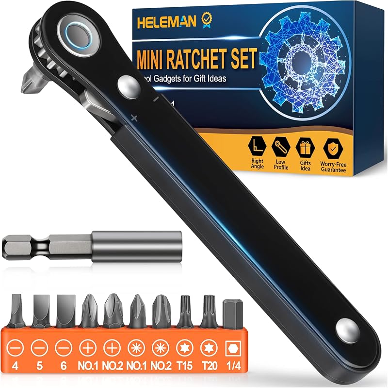 HELEMAN Mini Ratchet Angled Screwdriver Set for Tight Spaces - Tools for Dad