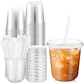 Ziliny 50 Sets Clear Plastic Cups with Lids and Straws, Disposable Iced Coffee Cups for Drinking, Cold Drinks, Juice, Smoothie, Pet Cup for Coffee Shops, Party, Christmas (12 oz)