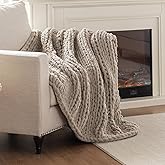 LAST MODA Chunky Knit Blanket Throw, 100% Hand Knit Throw Blanket Handmade Chenille Cable Knit Throw for Couch, Stylish Cozy Soft Rope Knot Crochet Blanket for Home Decor, Beige Linen, 50x60 Inches