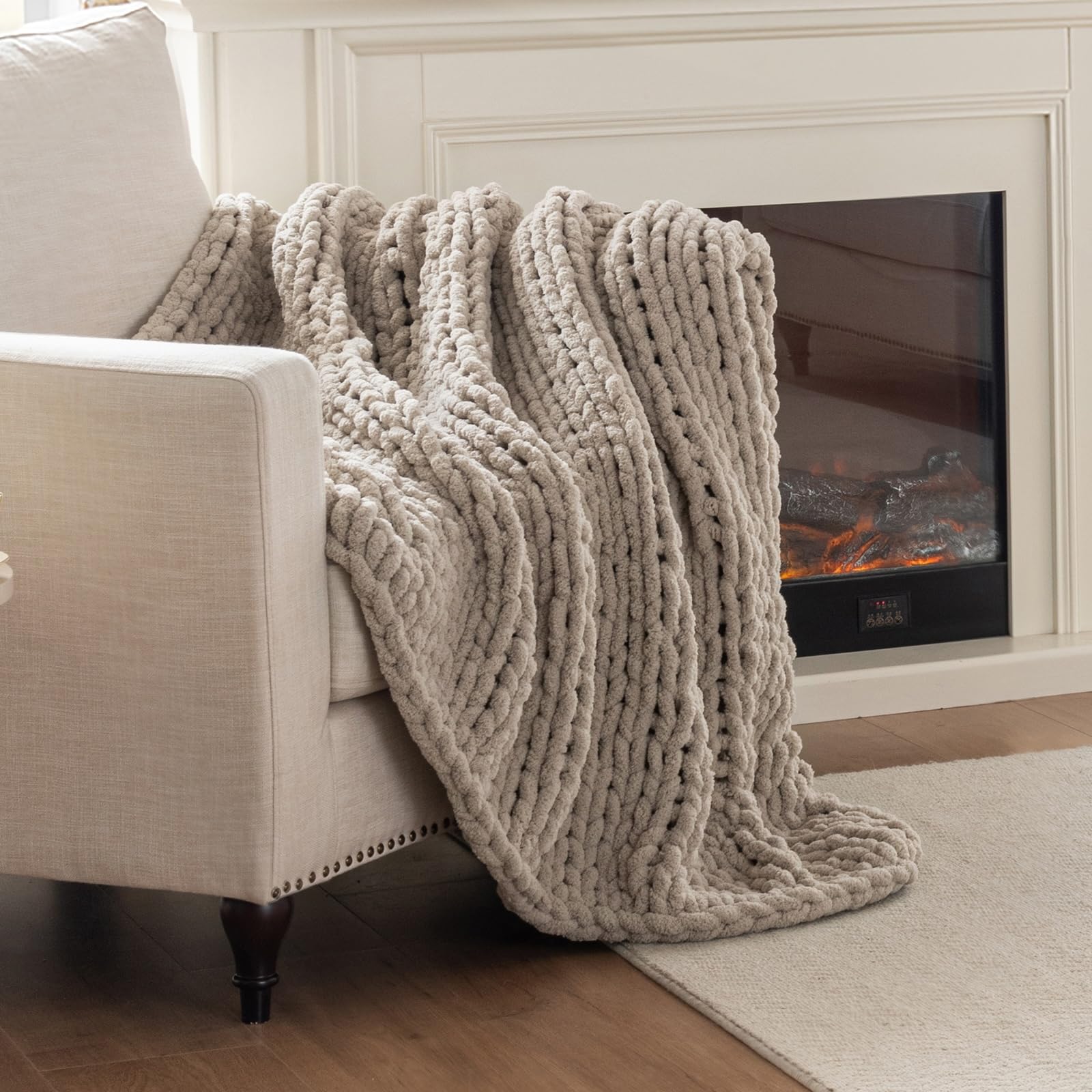 Photo 1 of LAST MODA Chunky Knit Blanket Throw, 100% Hand Knit Throw Blanket Handmade Chenille Cable Knit Throw for Couch, Stylish Cozy Soft Rope Knot Crochet Blanket for Home Decor, Beige Linen, 40x50 Inches
