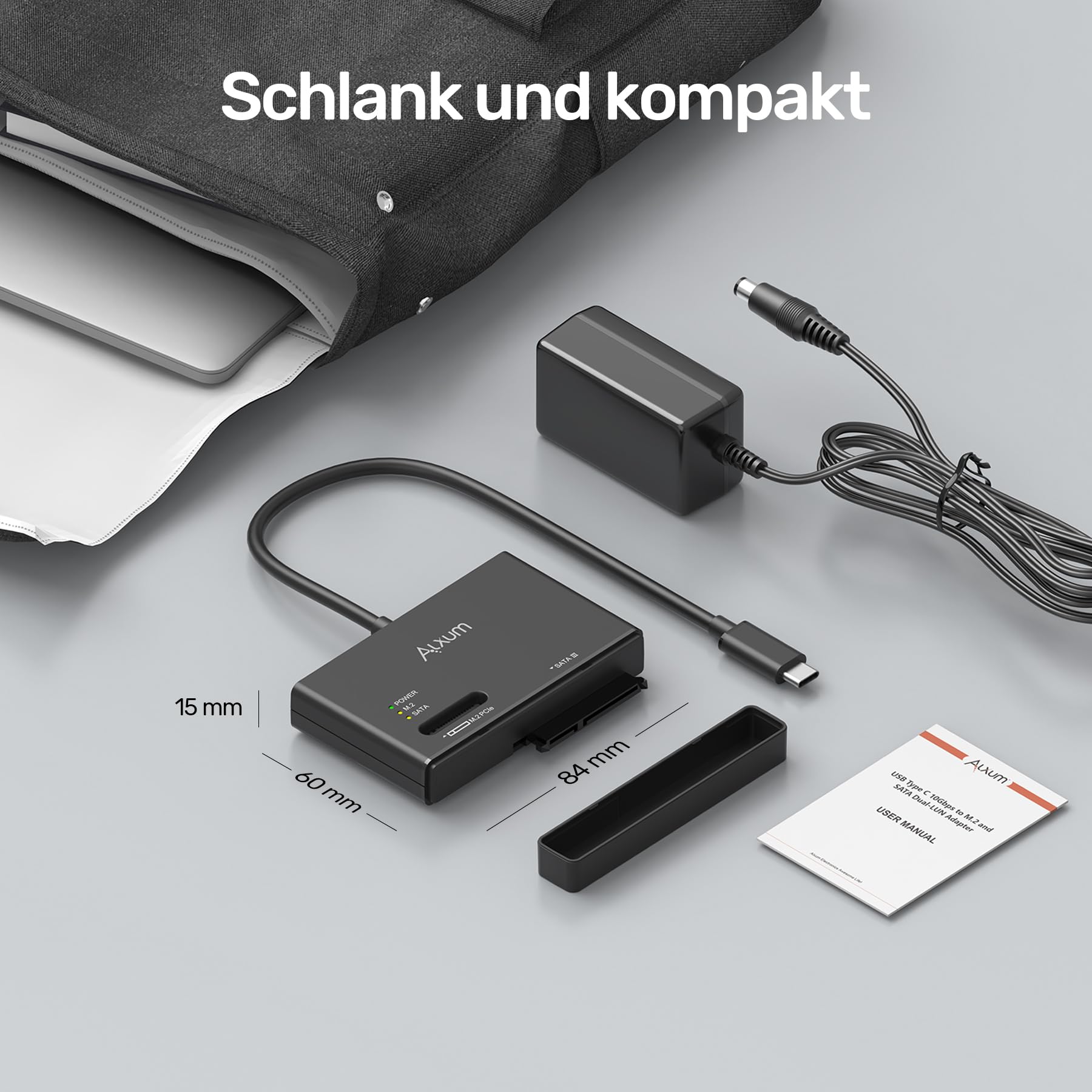 Alxum M2 NVME Gehäuse und SATA Adapter, 10Gbps M2 SSD Gehäuse, USB 3.2 Typ C M.2 SSD USB Adapter für M.2 PCIe/Nvme, AHCI SATA HDD Festplatten Case 7