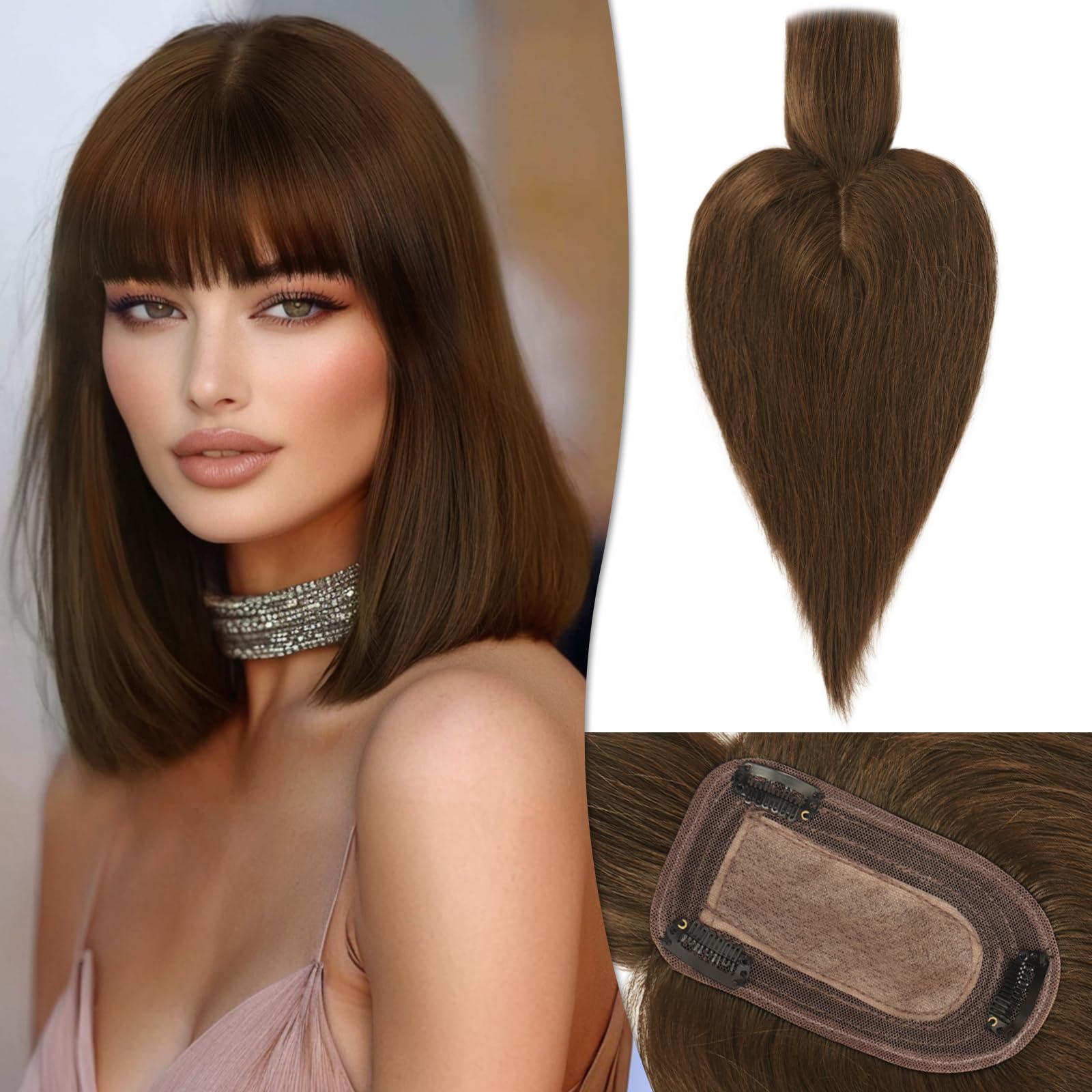 RUWISS Human Hair Topper with Bangs Crown Topper Hair Pieces for Women Short Wiglet Topper for Thinning Hair 7.5 * 13CM Silk Base 100% Real Human Hair Clip in Topper 12Inch 40g（Medium Brown）
