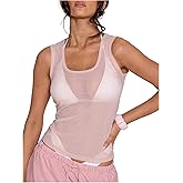 RoseSeek Women's Sheer Square Neck Tank Top Sleeveless Fitted Vacation Summer Tops Basic Shirt