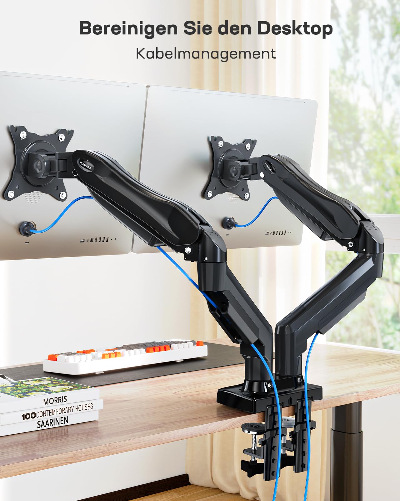 HUANUO Monitor Halterung 2 Monitore für 13 bis 32 Zoll Bildschirme, Bildschirmhalterung 2 Monitor, Gaming Monitorhalterung 2 Monitore - 360° Drehbar, 2 Montageoptionen, VESA 75 & 100 (Schwarz) 5