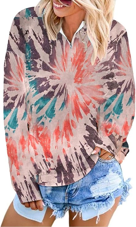 Download ACKKIA Women's Casual Color Block Tie Dye Zipper Mock Neck Sweatshirt Long Sleeve Loose Pullover ...