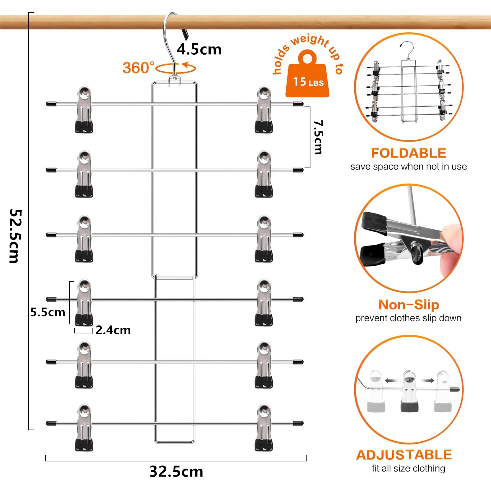 Hosenbügel Metall 3 Stück, Rockbügel Platzsparend, Kleiderschrank Organizer, rutschfest Faltbare Edelstahl Kleiderbügel für Hosen, Röcke, Jeans und Schals 6