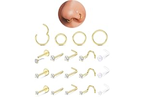 FIBO STEEL 14K Gold Filled Nose Rings Studs Hoops for Women Men: 20G 18G 316L Surgical Stainless Steel Hypoallergenic Dainty Simulated Diamond L Shaped/Corkscrew/Straight/Push Back Nostril Nose Piercing Jewelry
