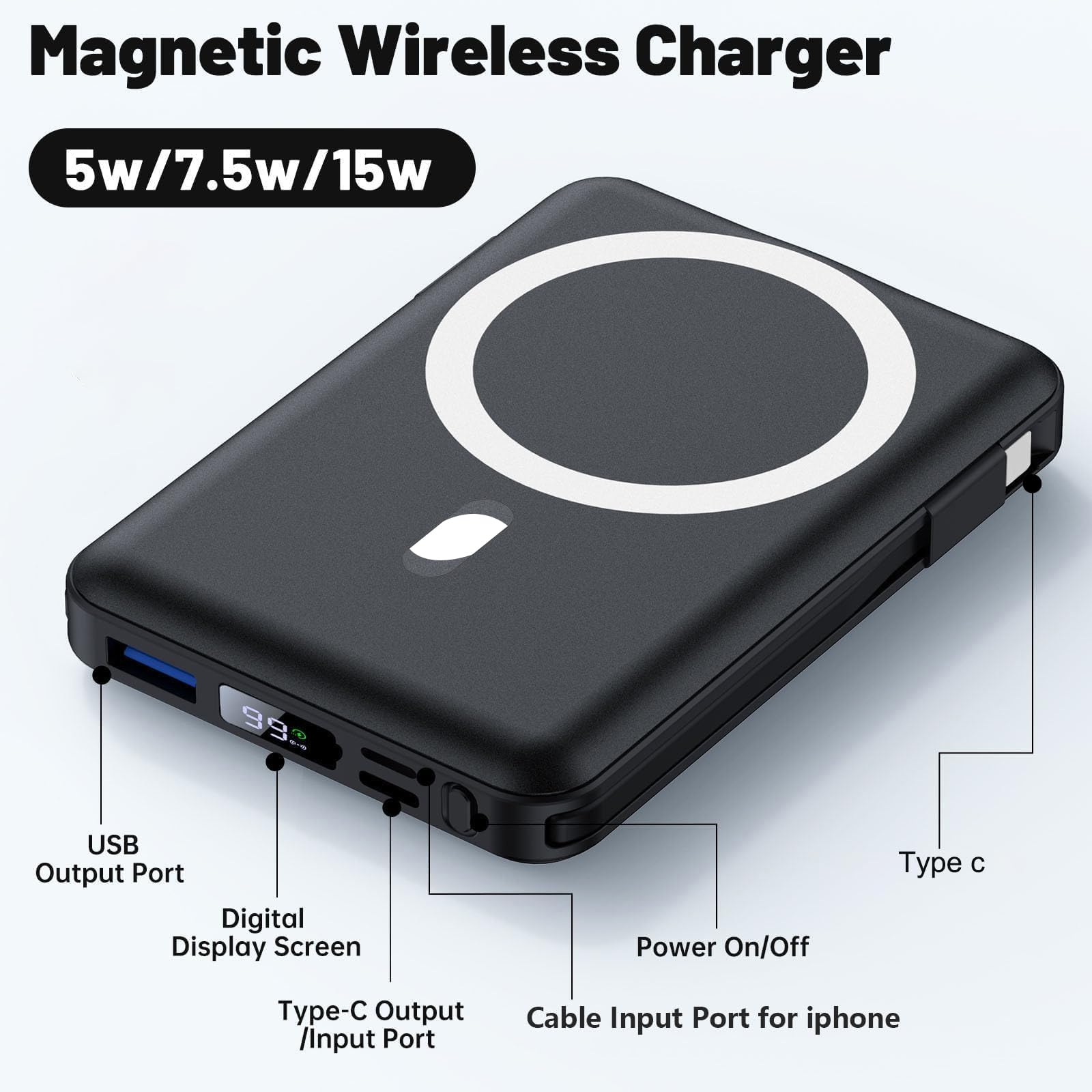 Yiisonger for Magsafe Battery Pack - 10000mAh Portable Charger for Mag-Safe 22.5W PD Fast Charging with Built-in Cables LED Display, Magnetic Power Bank for iPhone 16/15/14/13/12/Pro/Mini/Pro Max