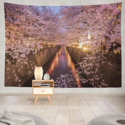 Kjong Cherry Blossoms River Tokyo Japan Japan Blossom Cherry Tokyo River Sakura Tunnel Spring Nature Travel Tree Decorative Tapestry 60x60 Inches Wall
