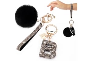 HONYJOOM Initial Letter Keychain for Women Girl Bling Rhinestone Sparkly Bag Backpack Purse Charm Cute Pom Pom Key Chain Wristlet