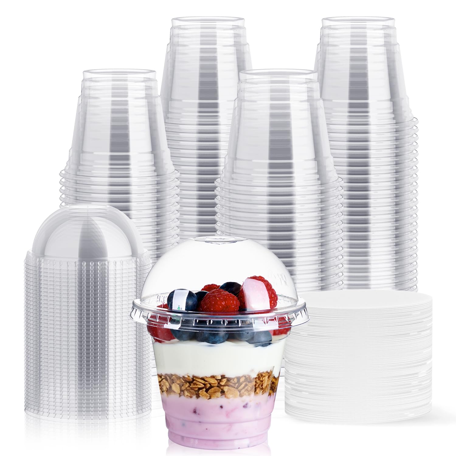 Photo 1 of JOLLY CHEF 200 Sets 9 oz Clear Plastic Cups with Dome Lids, and Paper Lid Liners, Plastic Dessert Cups with lids for Parfait, Ice Cream, Snacks, Fruit, Pudding