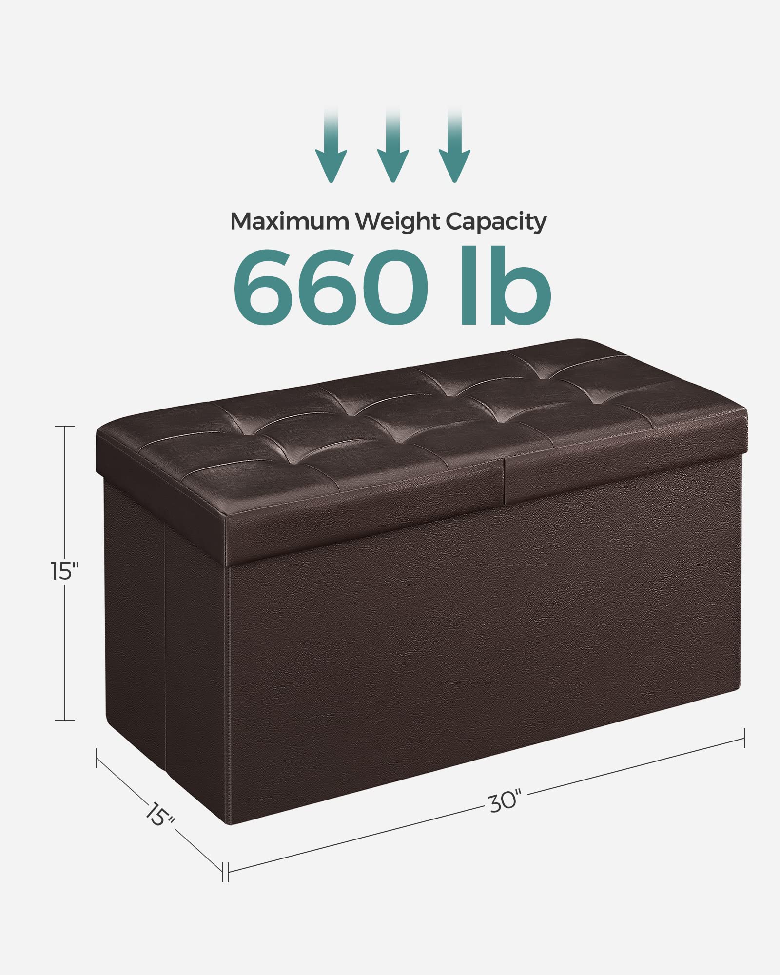 SONGMICS MAZIE Collection - 30 Inches Storage Ottoman Bench with Flipping Lid, Storage Chest Footstool, Load 660 lb, for Entryway, Living Room, Bedroom, Synthetic Leather, Brown ULSF45BR