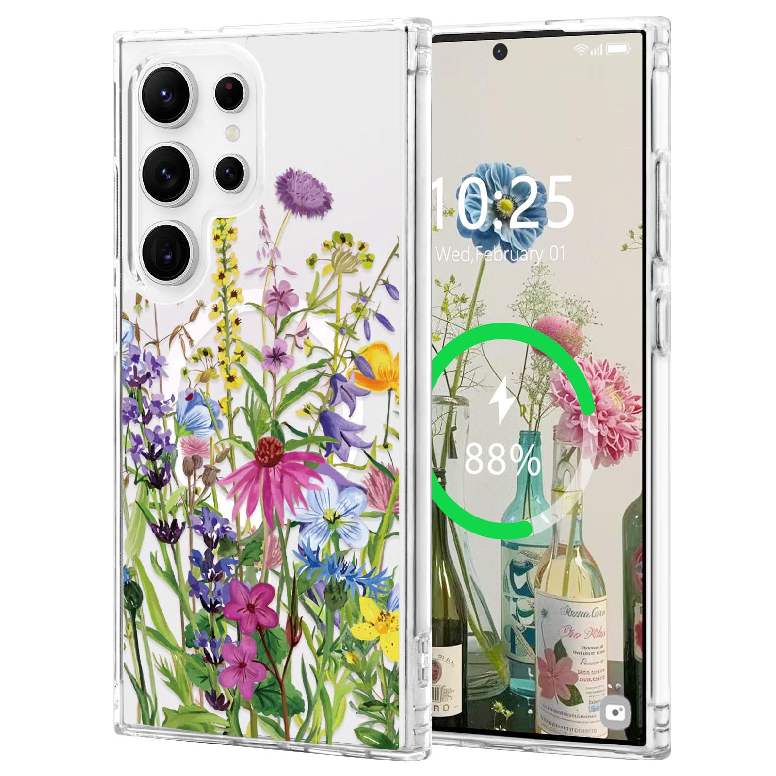 L-FADNUT for Samsung Galaxy S24 FE Case [Compatible with Magsafe], Cute Flower Girls Women Clear Case Silicone Shockproof Protective Cover with Pretty Floral Pattern for Samsung Galaxy S24 FE,Green