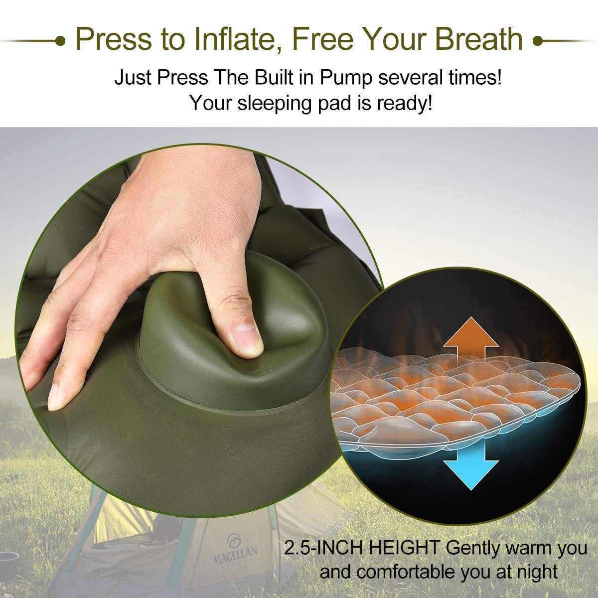 Camping Sleeping Pad, Upgraded Inflatable Camping Mat with Built-in Pump, 2.5\
