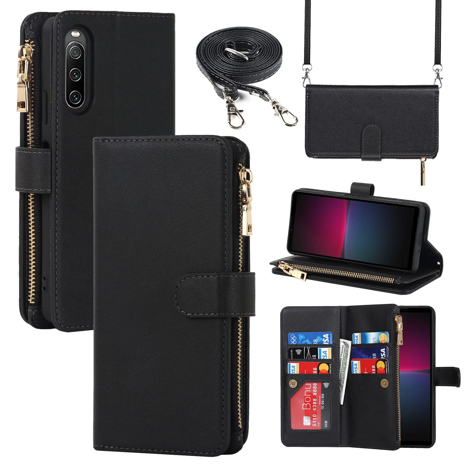 Cavor Phone Case Compatible with Sony Xperia 10 IV Case With Card Holder With Strap,Flip Leather Wallet Case,[9 Card Holders][Zipper Pocket],Crossbody Cover Case for women - Black — image 1