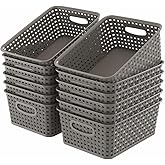 WYT 12-Pack Plastic Small Shelf Storage Weave Baskets for Organizing, Grey