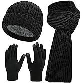 3 Pcs Hat Gloves Scarf Set Black Winter Hats Knit Beanie Touchscreen Glove Long Scaves Themal Skull Caps for Men Women