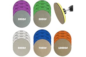 Water Grit Sandpaper 2000/3000/5000/7000/10000 and 5-inch Backing Pad Set, Wet Dry Electric Hook &Loop Sanding Disc with Pad,