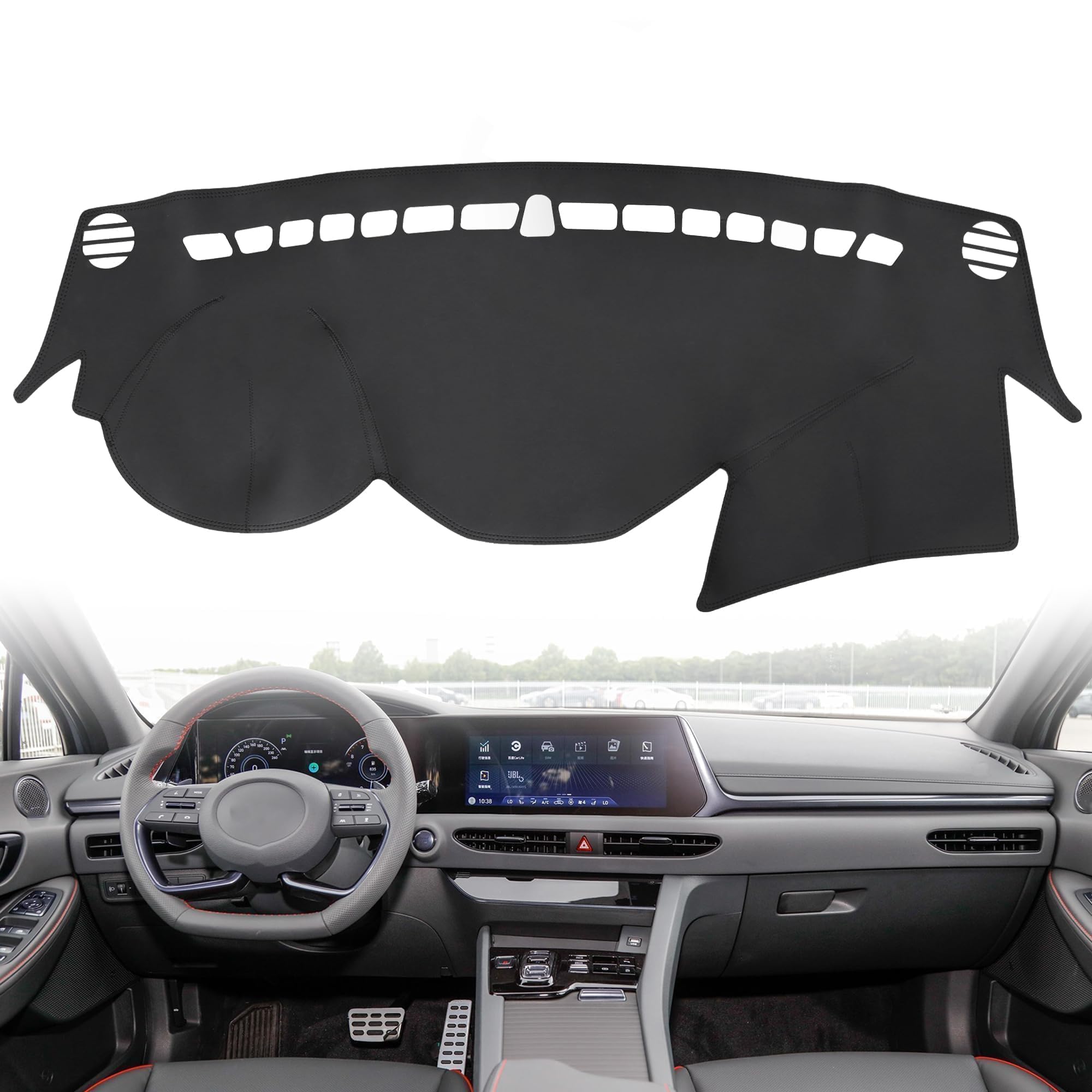 Photo 1 of LoloWheat Black line Leather Dashboard Dash Cover Pretector Mat Fit for Hyundai Sonata 2011 2012 2013 2014 Dashboard Cover Mat Non-Slip Carpet Sunshield Glare UV Rays Protector Dash Board Protector