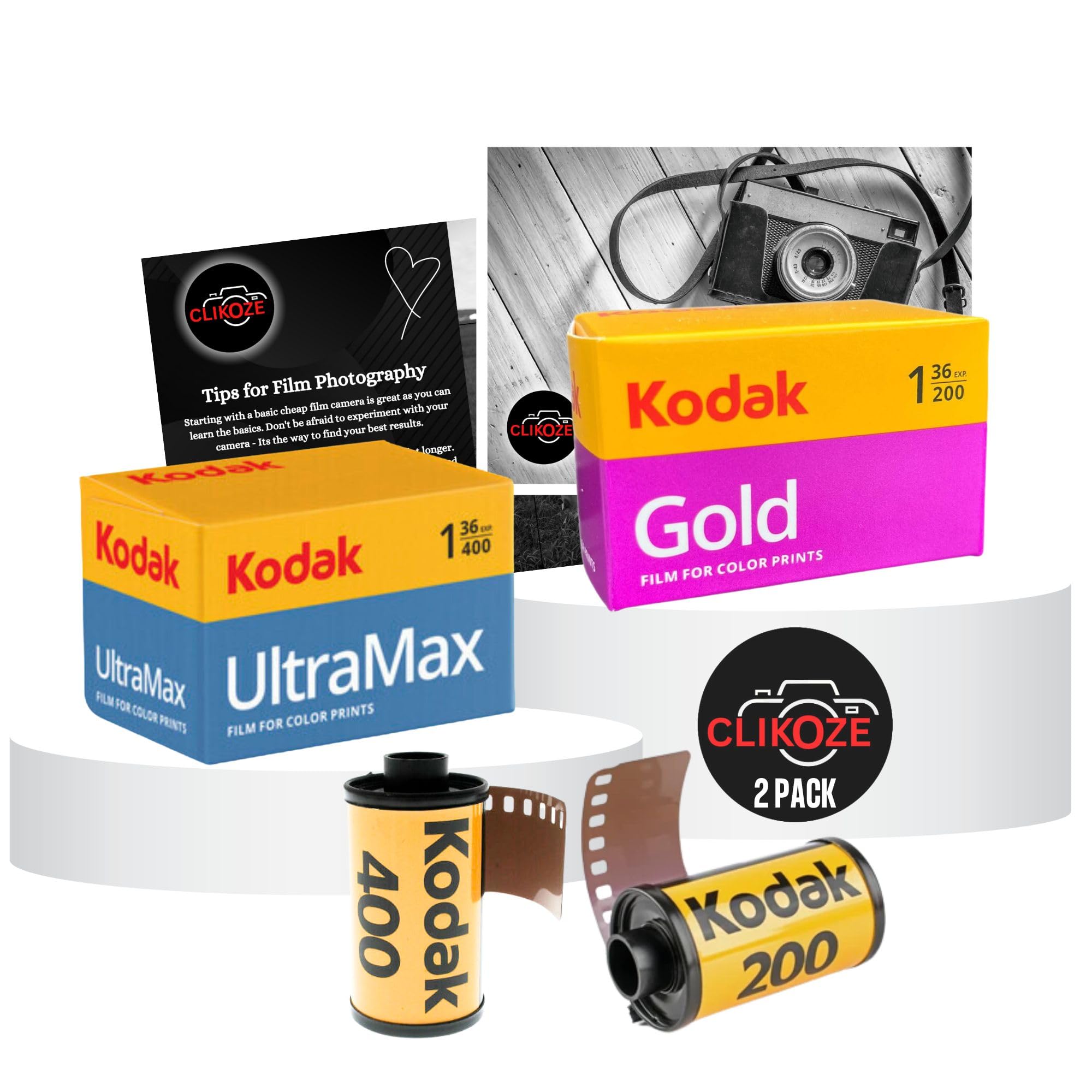 35mm Film Bundle with Kodak Gold 200 36 EXP, Kodak Ultramax 400 36 EXP and Clikoze Camera Film Photography Tips Card