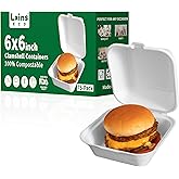 Lxins ECO 6x6 Inch Heavy Duty Clamshell Take Out Containers 【75 Pack】, Compostable Bagasse Food Boxes with Lids, Small Disposable To-Go Containers for Lunch, Dessert, Salad