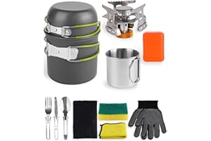 AOFUXTI Camping Mess Kit - Camping Cooking Set, Camping Essentials with Camping Pot, Backpacking Stove, Cup, Cleaning Tools and Fork Spoon Kit, for Camping Hiking and Picnic