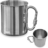 Camping Mug, Stainless Steel Camping Cup with Carabiner, 13.5 Oz Tin Cup | Heat-Resistant Stainless Steel, Lightweight, Carabiner Clip Handle, for Coffee, Tea, Hiking, Backpacking, Camping