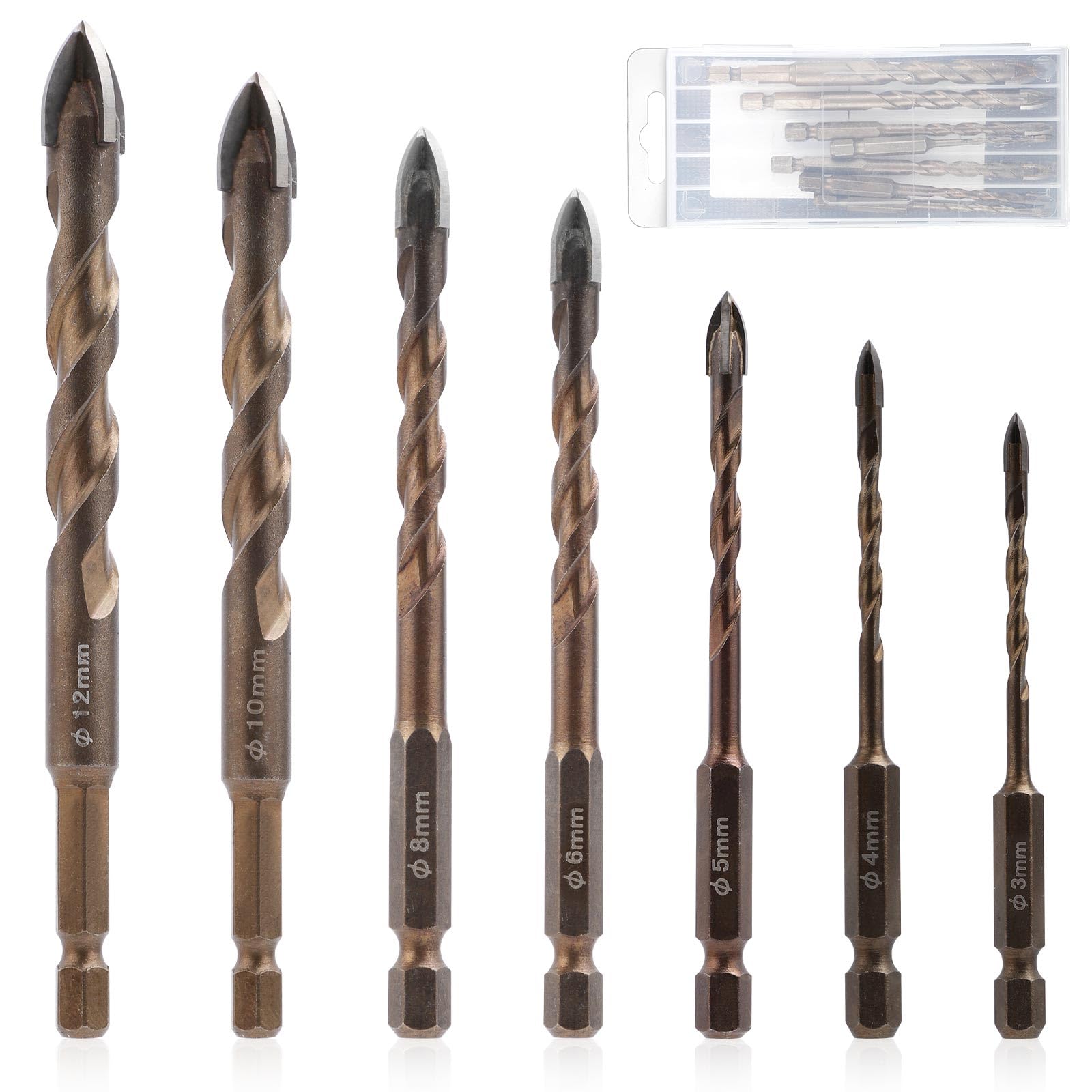 7pcs New Four-Flute Sawtooth Eccentric Drill Bit, High-Strength Four-Edged Serrated Eccentric Twist Drill Bit Multi-Purpose Drill Bit Set for Concrete Glass Masonry (3/4/5/6/8/10/12mm)