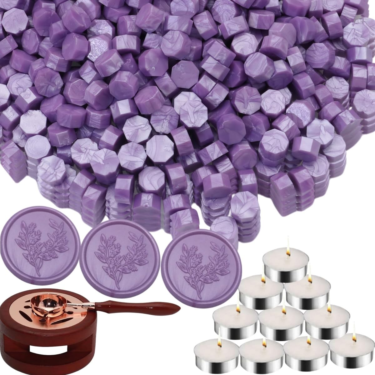 Sealing Wax Beads Kit, Atopbb 300pcs Mixed Red Color Wax Seal Beads, 1pcs Wooden WaxSeal Warmer, 1pcs Melted Spoon and 10pcs Tea Candles for WaxSealing Stamp Kit (300, Lilac)