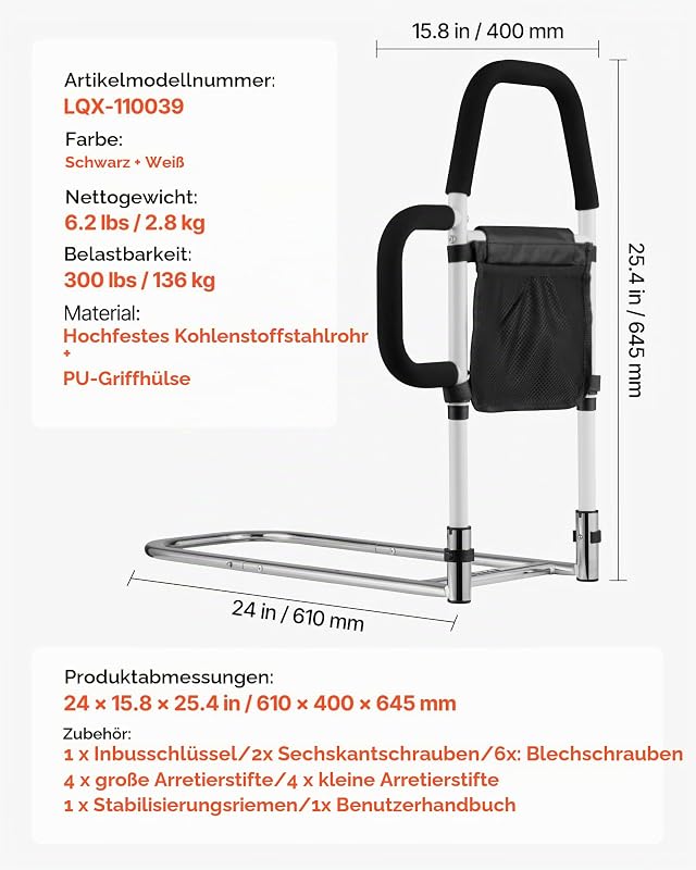 Aufstehhilfe Bett 610x400x645 mm, Bettgitter mit seitlichem Griff & PU-Handlauf, Einstiegshilfe aus Karbonstahlrohr, für Senioren, passend für Kingsize-, Queensize-, Full- und Twin-Betten