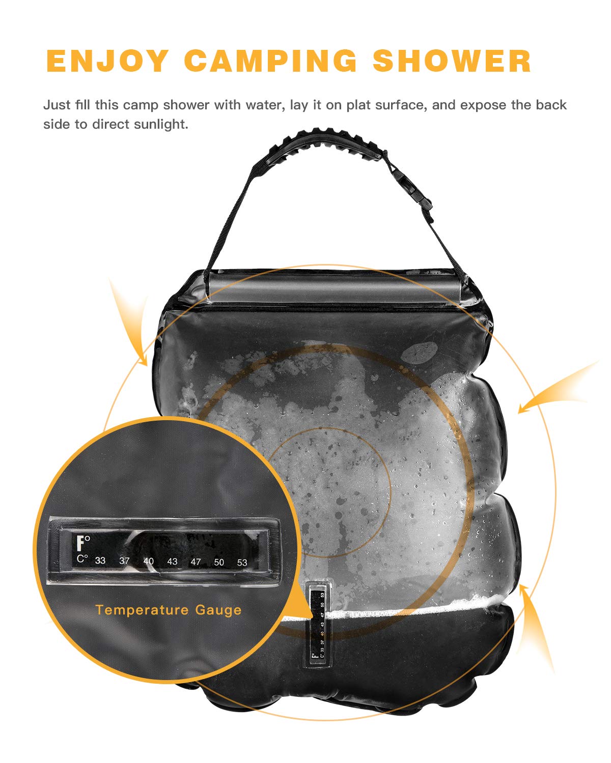 KingCamp Portable Outdoor Camping Solar Shower 20 Litre with Temperature Gauge