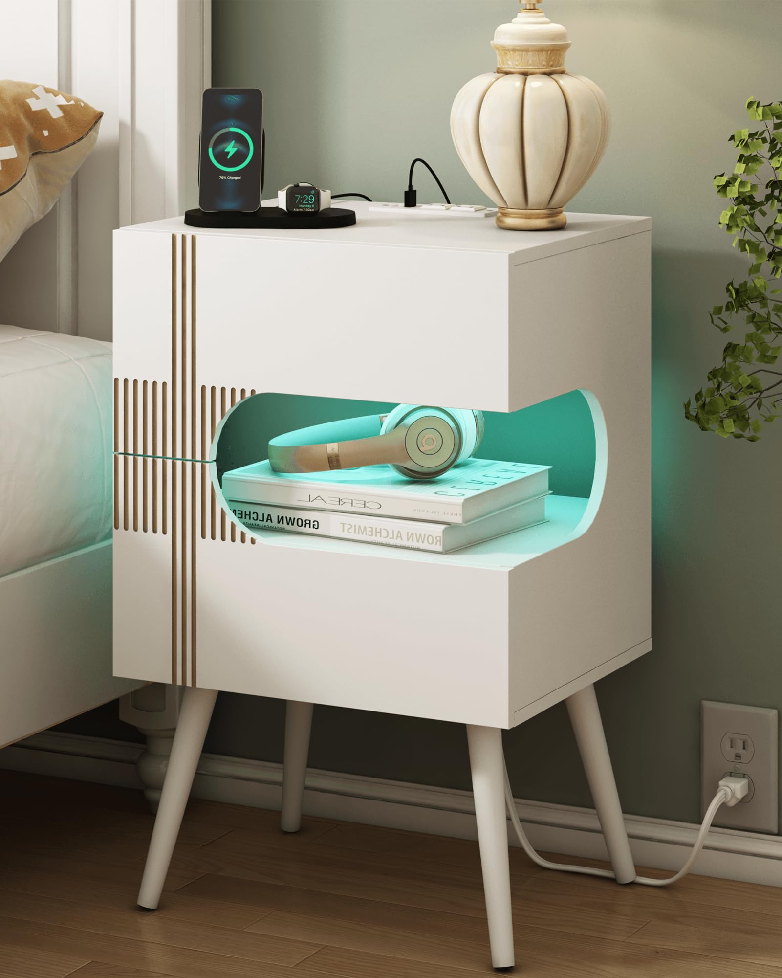 Photo 1 of No screwsss.......*****JOONEE White Nightstand with Charging Station and LED Lights,Modern Bedside Table with 2 Storage Drawer,Night Stand with Solid Wood Legs,White (White-2)