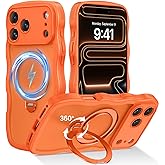 GUAGUA for iPhone 17 Pro Max Case with 360 Spin Magnetic Stand [Compatible with Magsafe][Military-Grade Protection] Shockproof Cute Wave Matte Phone Cover for iPhone 17 Pro Max 6.9", Orange