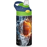 Kids Water Bottle Basketball Water 12 oz, Stainless Steel Sports Mug, Portable Insulated Water Flask with Handle