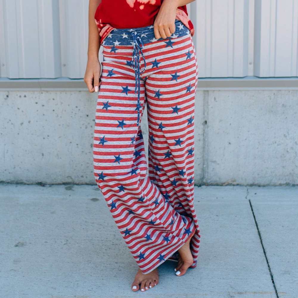Masun Womens Drawstring Trousers American Flag Wide Leg Pants Leggings Bottoms Pants Soft Lounge Pants S-XL (S, Red)