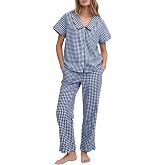 Flygo Womens Gingham Cotton Pajamas Set Babydoll Pj Pants Lounge Sets