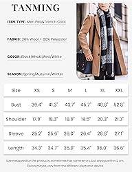 Tanming Mens Black Trench Coat Notched Lapel Single