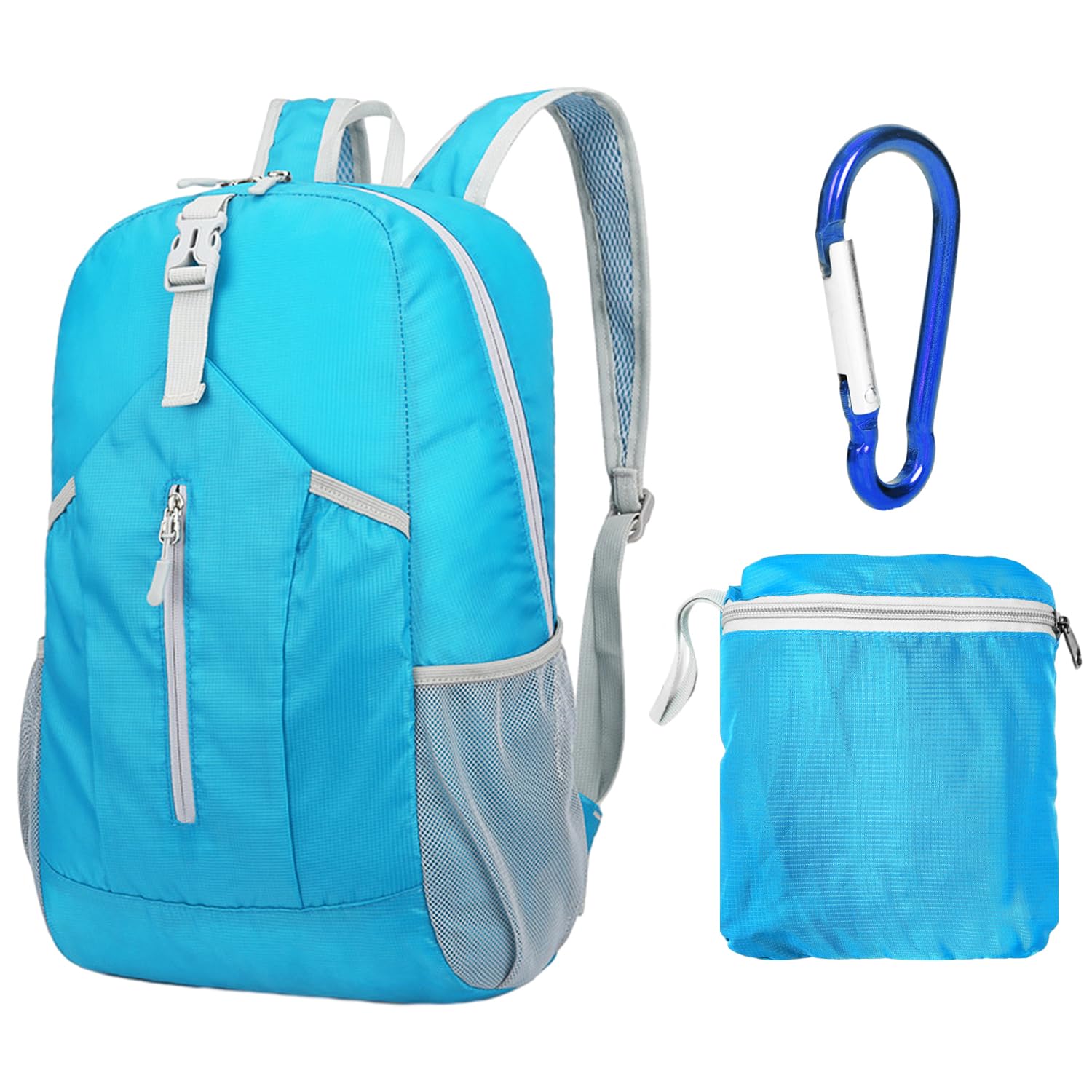 MEMOFYND 1 Blue Backpack and 1 Blue Carabiner, Foldable Backpack, Hiking Bag, Suitable for Outdoor Mountaineering, Hiking, Cycling, Camping