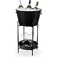 Twine Black Beverage Tub with Collapsible Stand, Large Metal Bucket and Tray, Ice Drink Buckets with Acacia Wood Handles for Parties, 3-Piece Set