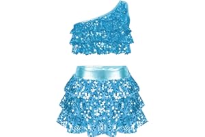 Miutii Kids Girls 2 Piece Dance Outfits Set Sequins One Shoulder Crop Top with Skirt Jazz Latin Ballroom Costume