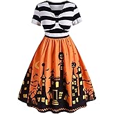 Women's Plus Size Halloween Dress Pumpkin Costume Flared Dresses Vintage Bat Print Dress A Line Dress