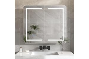 AIEGLE Mirror Medicine Cabinet with Round Corner & Lights, Modern Medicine Cabinet with Light Brightness, Color Adjustment & Anti-Fog, Bathroom Vanity with 2 Doors, Wall mounted, 35.4”W x 31.5”H