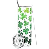 Whaline St. Patrick's Day Tumbler with Lid and Straw Green Shamrock Stainless Steel Cup Lucky Clover Tumbler Cup for Irish Party Decor Home Office Supplies