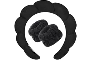 Zkptops Spa Headband for Washing Face Wristband Sponge Makeup Skincare Headband Terry Cloth Bubble Soft Get Ready Hairband for Women Girl Puffy Padded Headwear Non Slip Thick Hair Accessory(Black)