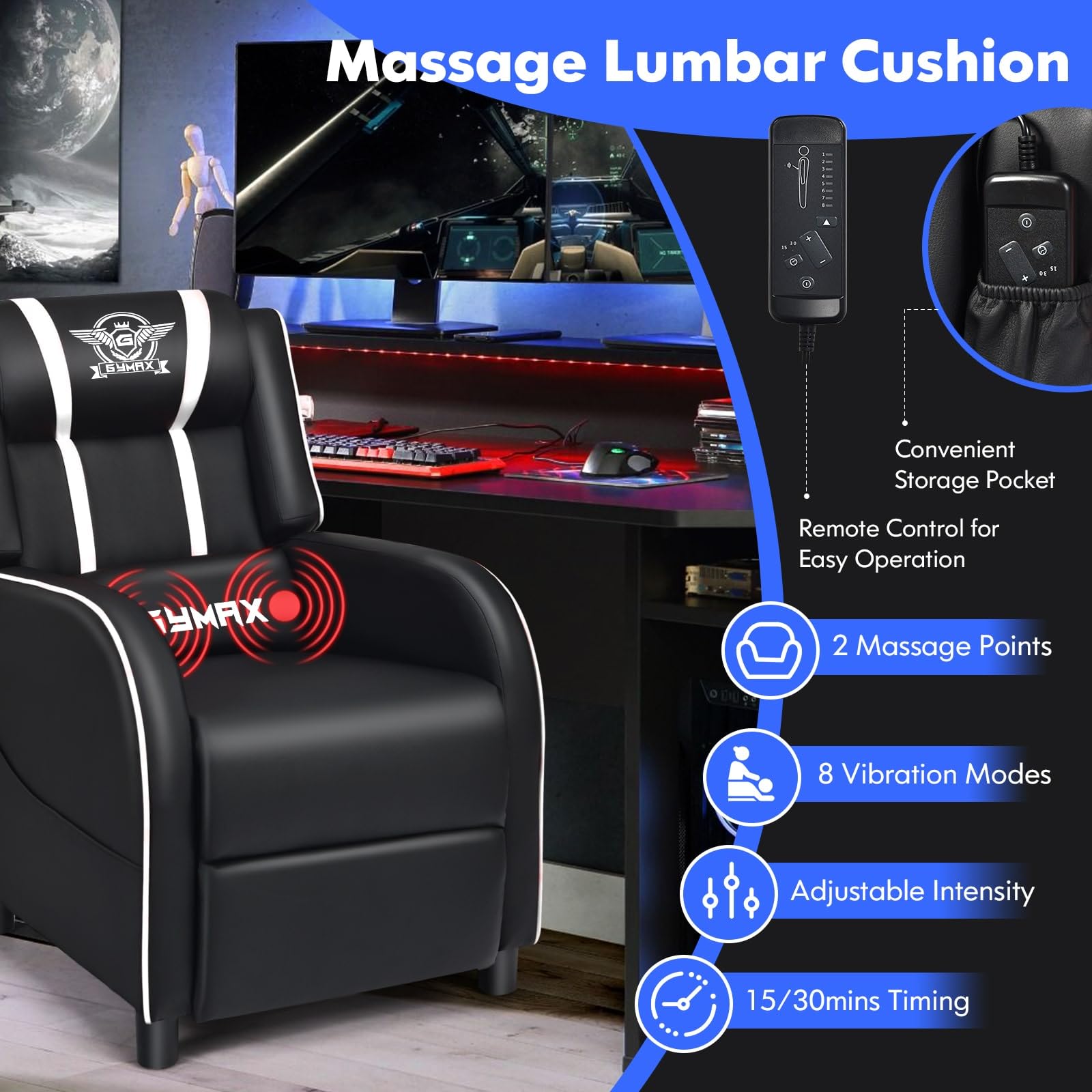 GYMAX Gaming Recliner, Massage Gaming Chair w/Adjustable Footrest